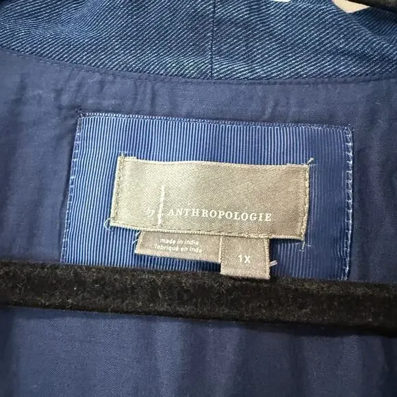 Anthropologie The Tommie Cap-Sleeve Smocked Front-Zip Shirt Dress Midi Denim 1X - Picture 9 of 9